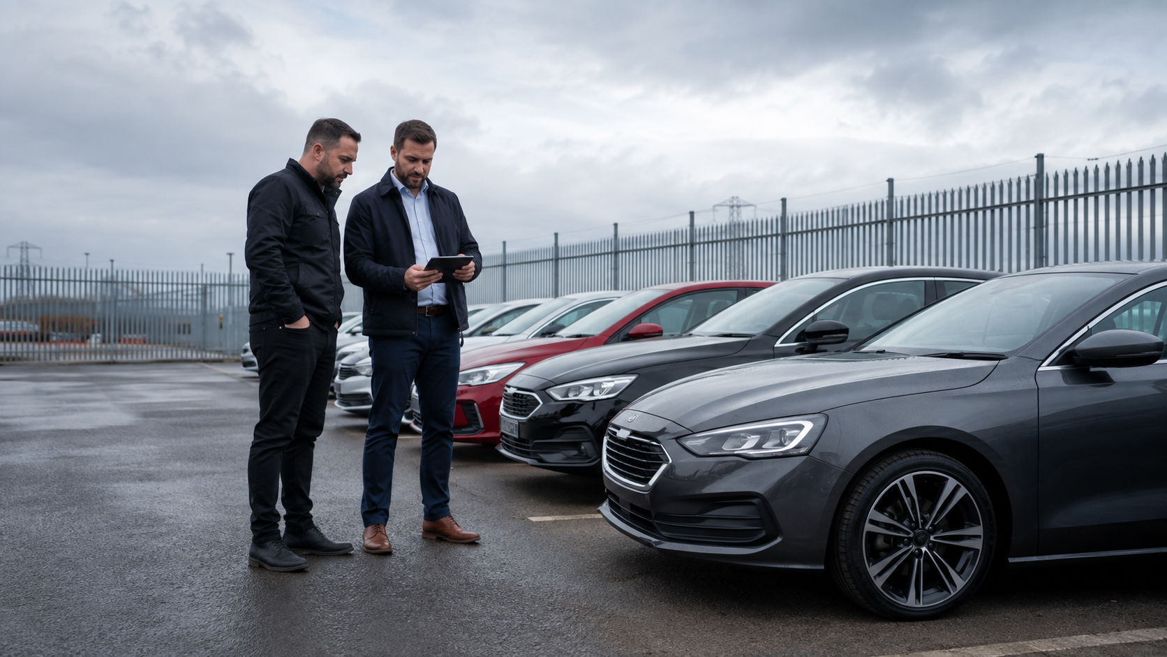 Motor trade professionals inspecting vehicles at a UK logistics compound